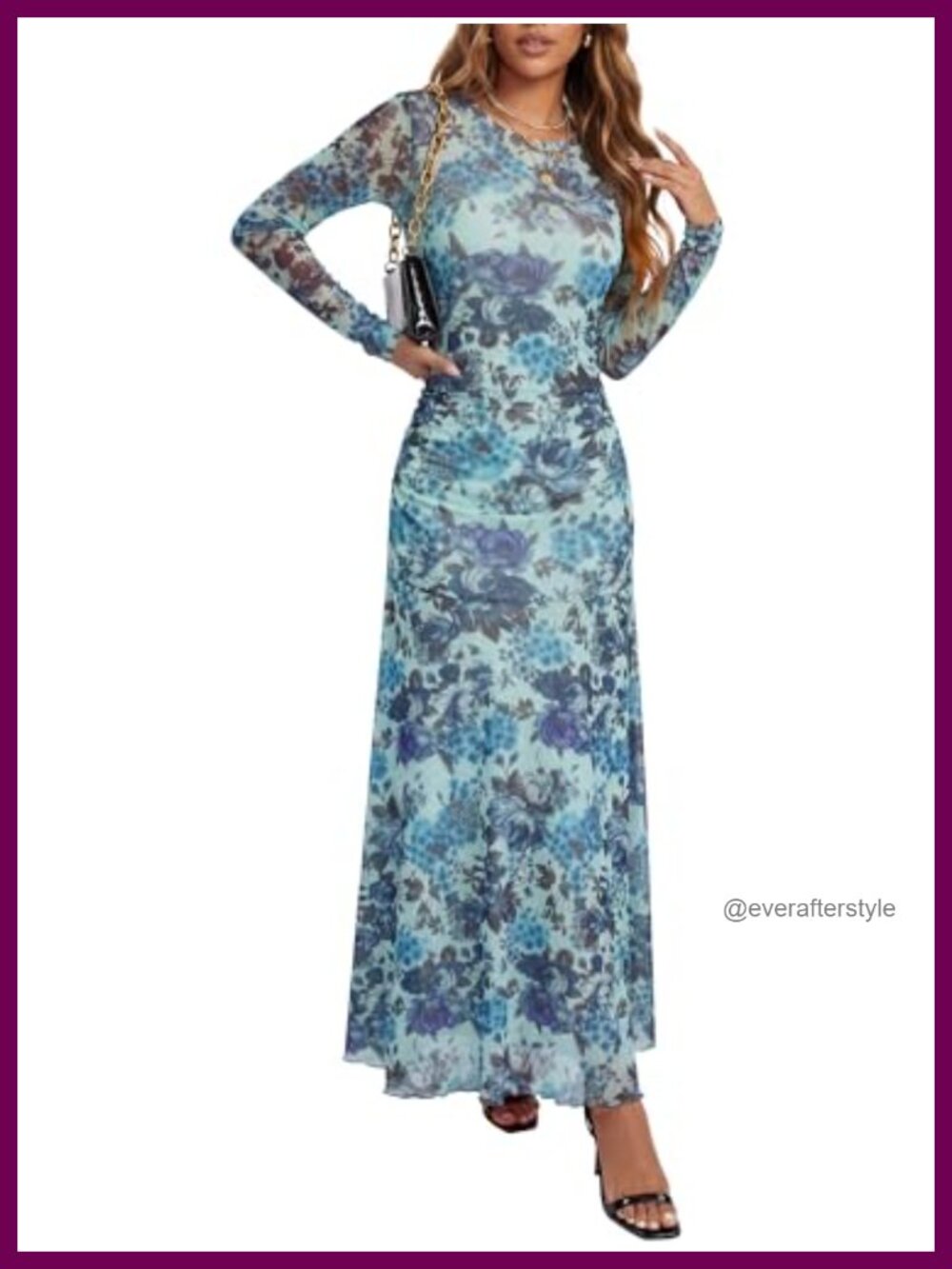 Women's Floral Mesh Bodycon Maxi Dress Long Sleeve Fall Wedding Guest